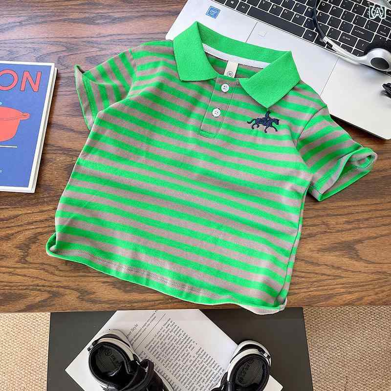 セットアップ 男の子 おしゃれ カジュアル 夏 ベビー 綿 ポロシャツ ストライプ 半袖 Tシャツ 2枚 セット