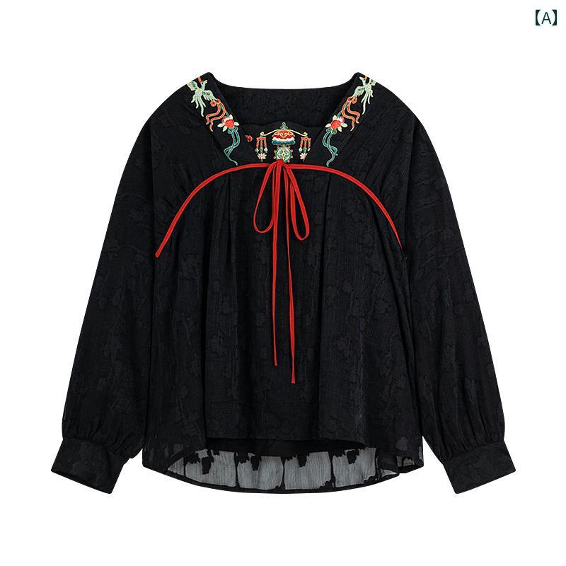レディース ファッション 蘇 羅 江 沙 ランタン 江 沙 明 春 トップスス 刺繍 シフォンシャツ
