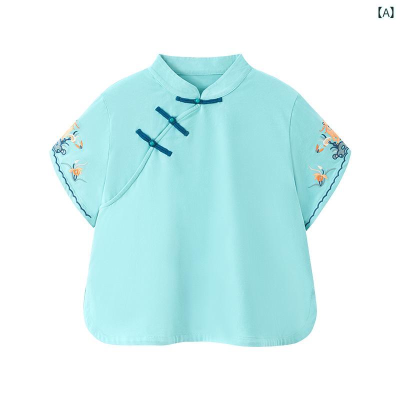 レディース ファッション マウンテン カット 秋 眉 刺繍 半袖 トップスス 夏 チャイナ風 スタンドカラー Tシャツ