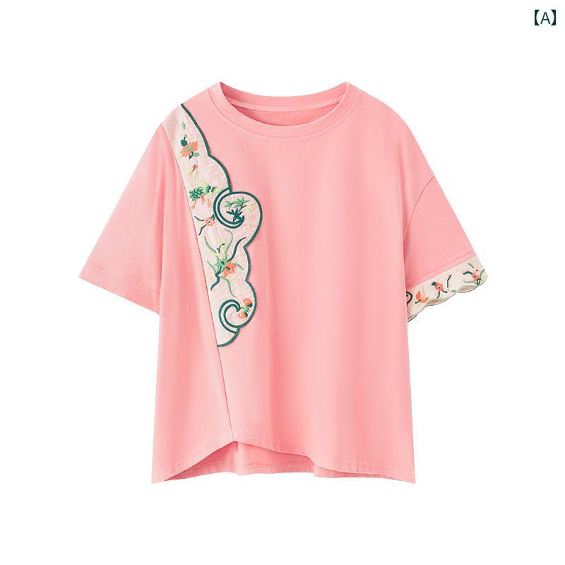 レディース ファッション 夏 エスニック 刺繍 半袖 ニット Tシャツ