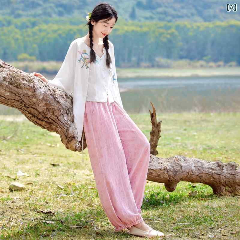レディース ファッション 花 生産 チャイナ風 ストレート カジュアル パンツ チャイナ風 ドレープ ワイドレッグ パンツ ズボン 夏｜おうち健康生活