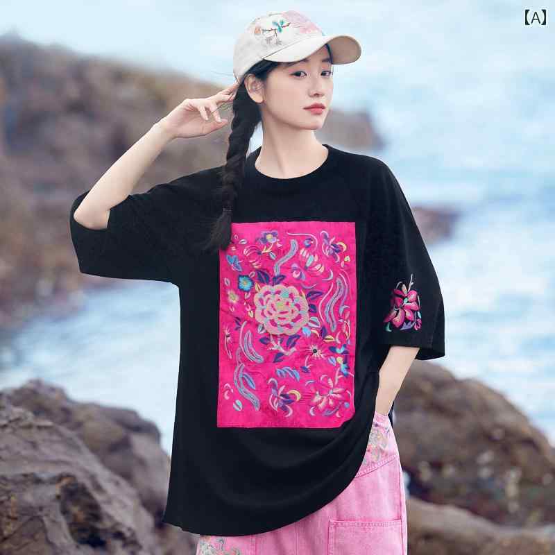 レディース ファッション 花 トレンド シリーズ 刺繍 Tシャツ 中国 ラウンドネック 半袖 トップスス 春|おうち健康生活