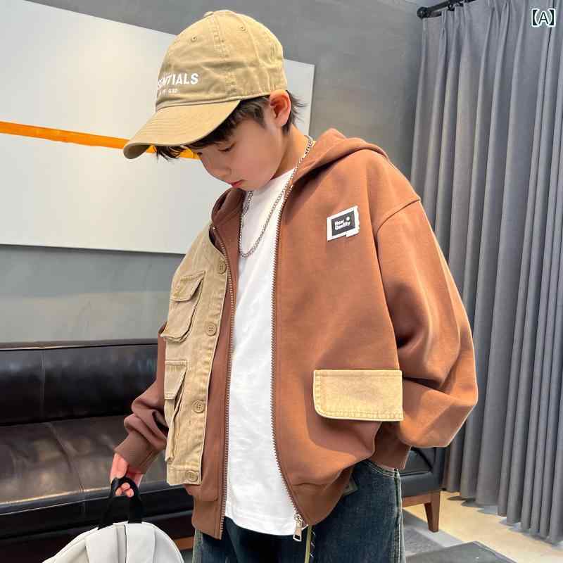 男の子 ファッション キッズ 子供 おしゃれ カジュアル ワークジャケット 春秋 パッチワーク トップス トレンディ フード ジャケットストリート
