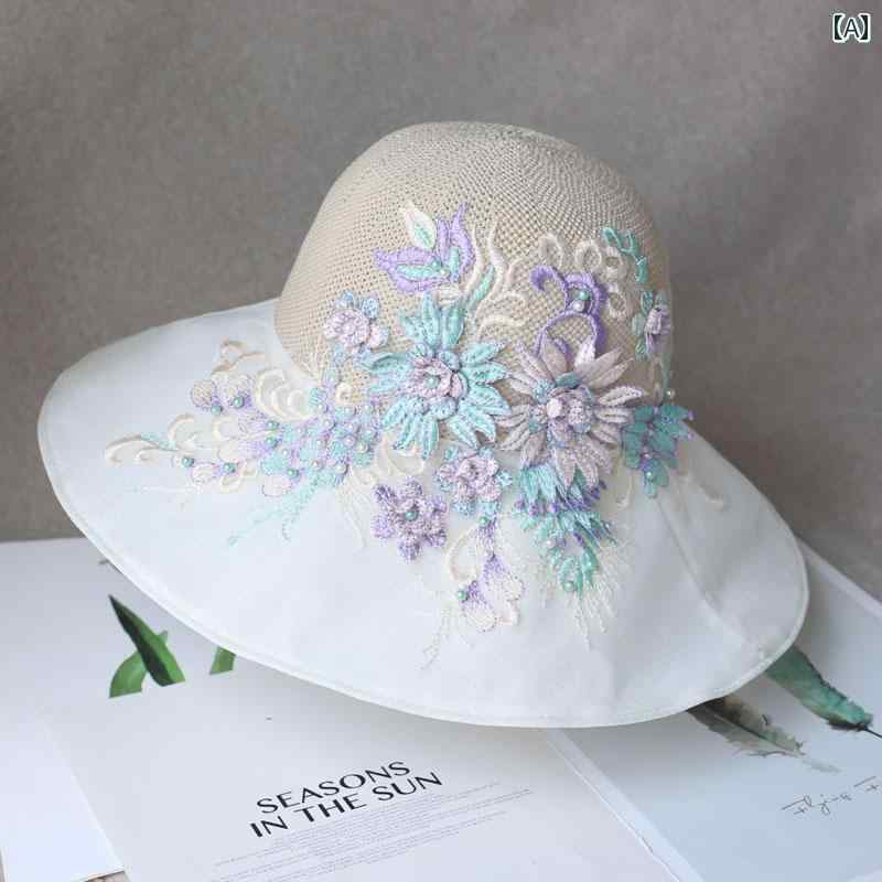 レディース チャイナ風 立体 刺繍 通気性 快適 軽量 涼しい メッシュ 日よけ 帽子 夏 日よけ 帽子 つば広 日よけ 帽子