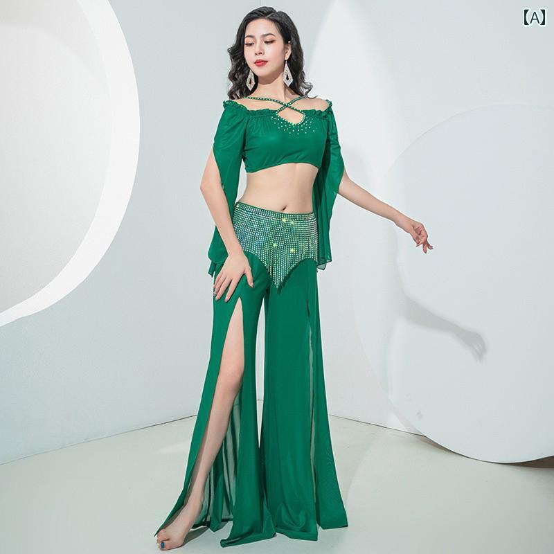 ベリーダンス 衣装 パフォーマンス ステージ コスプレ セクシー スリット ワイドレッグ パンツ タッセル 軽量 涼しい 練習 服 セット