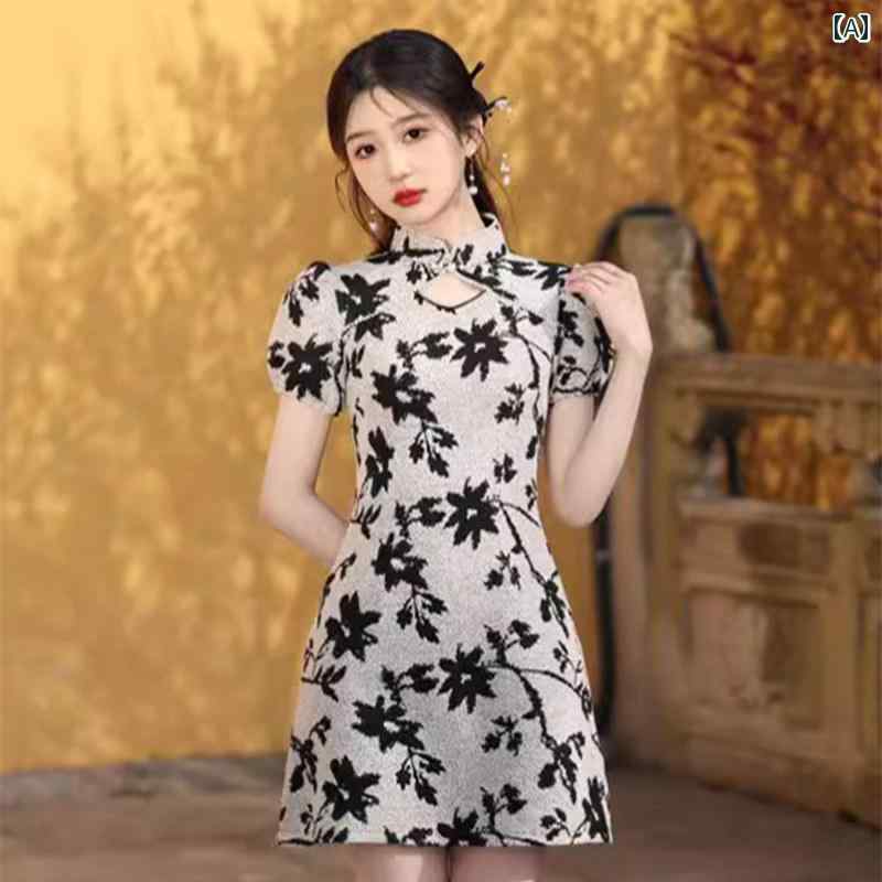レディース ファッション チャイナ ドレス ショート スカート 夏 小柄 着 レトロ 普段使い aライン スカート