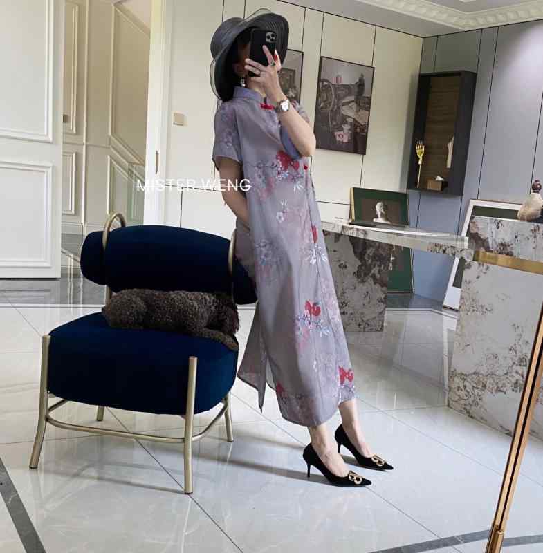 レディース ファッション カジュアル 通気性 快適 優れた 混紡 トレンド グレー ポケット バックル チャイナ ドレス