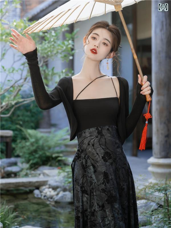 レディース ファッション チャイナ風 セットアップ 魅力 ストリート スカート フレンチシック ユニーク 美しい サスペンダー カーディガン 2点 セット｜おうち健康生活
