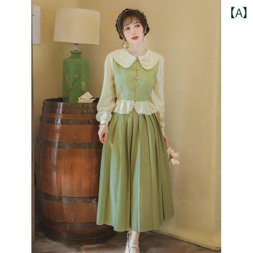 レディース ファッション グリーン ドール カラー 小柄 トップスス スカート 秋服 2点 セット｜おうち健康生活