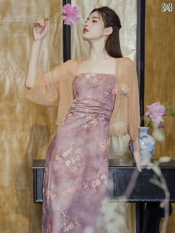 レディース ファッション チャイナ風 レトロ 瞑想 花柄 サスペンダー ドレス 優しい 2点 セット|おうち健康生活