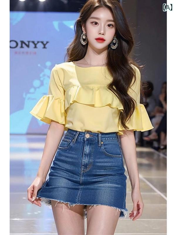 レディース ファッション フレンチ ジェントル ミルキー イエロー フリル 半袖 Tシャツ 夏 ユニーク シック トップスス