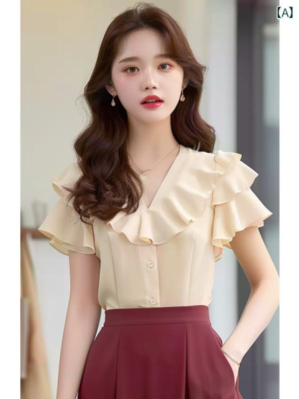 レディース ファッション 美しい シャツ アプリコット シフォン フリル 半袖 シャツ 夏 フレンチ トップスス｜おうち健康生活