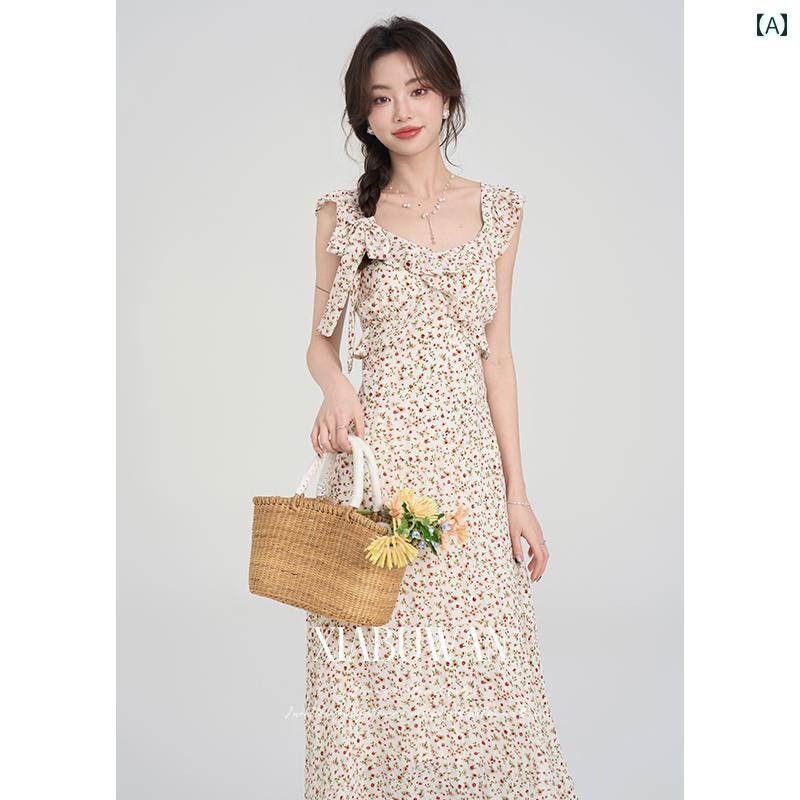 レディース ファッション 夏 フランス 海辺 花柄 スカート 夏 小さめ フライング スリーブドレス ウエスト スリム ロング スカート