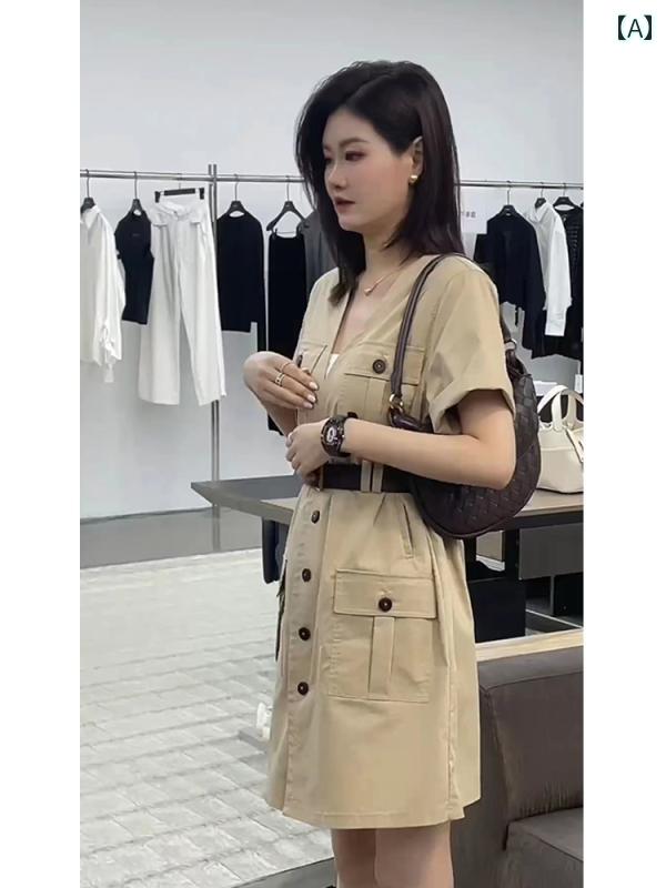 レディース ファッション 夏 美しい スカート フランス 半袖 Vネック ワーク ドレス