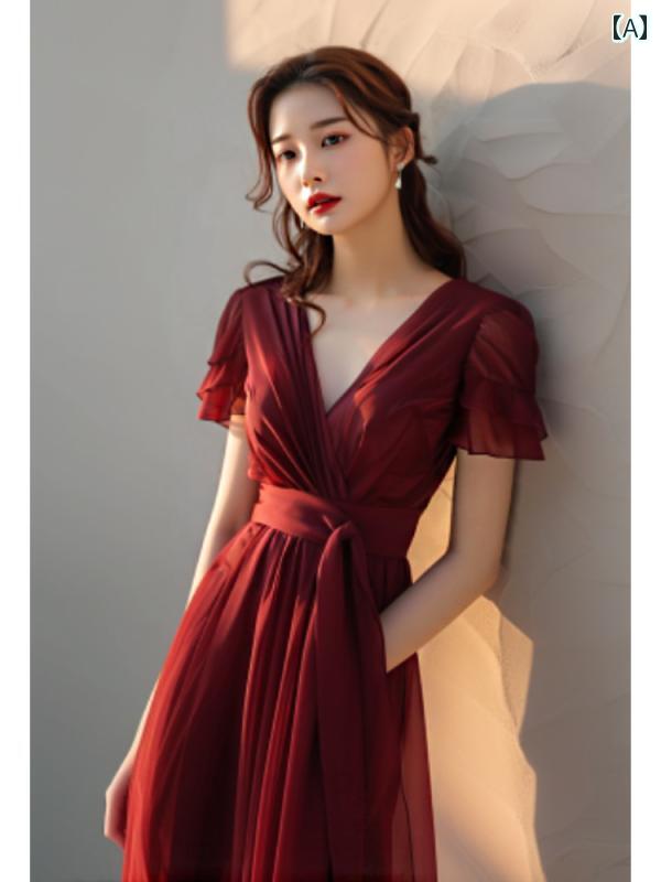 レディース ファッション 精巧 見栄え シフォン レッド ドレス 夏 婚約 ウェデングドレス ロング ドレス