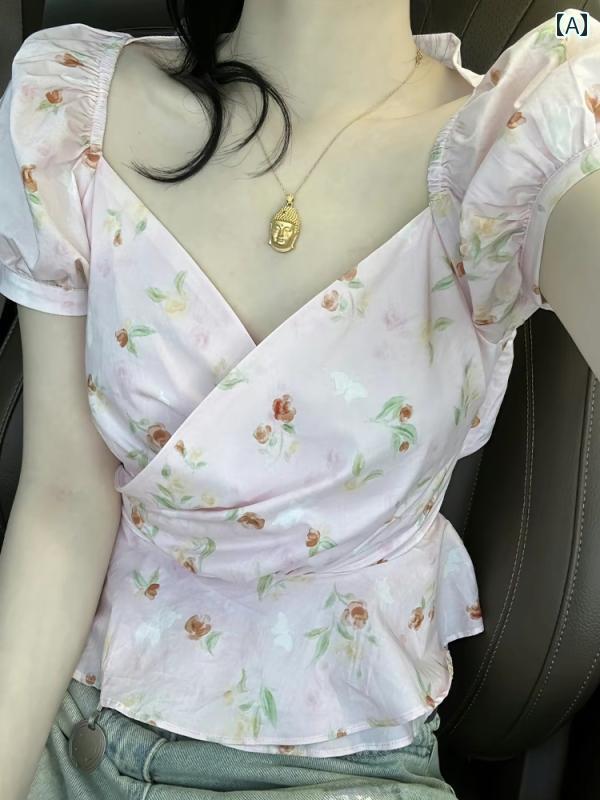 レディース ファッション 西洋 シック ユニーク 美しい 小さめ シャツ 春 テー Vネック 花柄 半袖 シャツ
