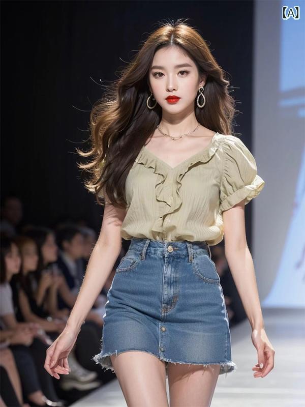 レディース ファッション フレンチ 美しい トップスス カーキ Vネック 半袖 シャツ イヤリング 夏 小さめ