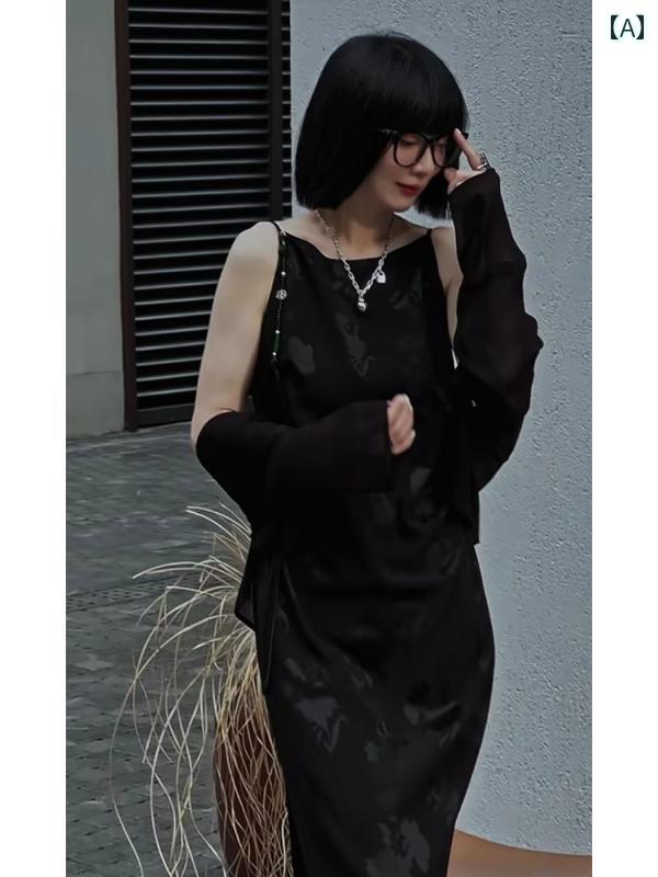 レディース ファッション チャイナ風 婦人服 格好 黒 ジャカード サスペンダー ドレス 夏
