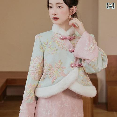 レディース ファッション 本格 冬 ぴったり 中国式服 セットアップ 冬 チャイナ ドレス ピンク 綿入り ジャケット スカート トップスス セット