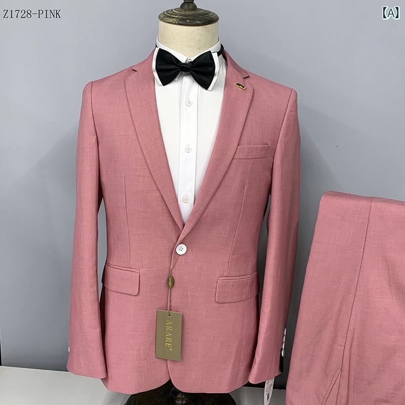 メンズスーツ ピンク ファッション ビジネス 結婚式 卒業 スリム ピンク セットアップ レッド｜おうち健康生活