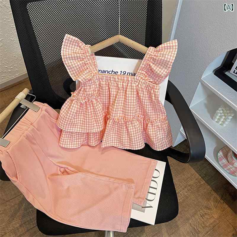 子供服 女の子 セットアップ かわいい おしゃれ フリルシャツ フレンチ サスペンダー 夏 ベビー フライング スリーブ チェック ベスト ひんやり 涼しい 快適 ストレート パンツ
