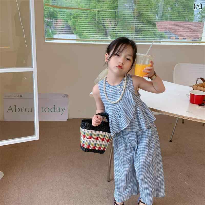 子供服 女の子 セットアップ おしゃれ カジュアル 韓国 夏新 フリルチェック ベスト パンツ 2点 セット
