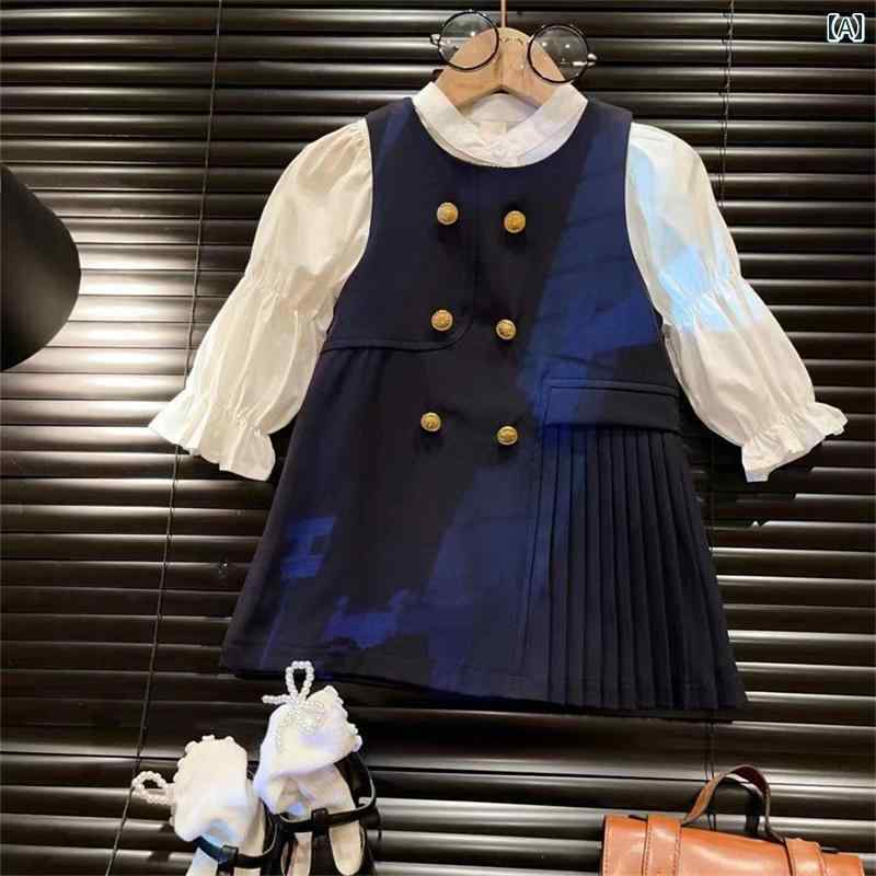 子供服 女の子 セットアップ かわいい おしゃれ 秋 ベスト ドレス 洋風 長袖 シャツ カレッジ トレンディ セット