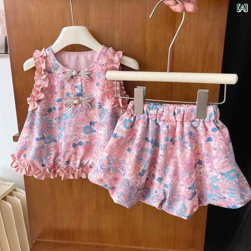 子供服 女の子 セットアップ かわいい おしゃれ 夏新 ダブル チャイナ風 レトロ チャイナ 花柄 ドレス