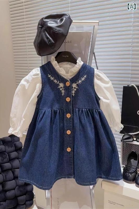 子供服 女の子 セットアップ おしゃれ カジュアル 韓国 春 スタイリッシュ 刺繍 デニムスカート 襟 カジュアル シャツ ２点 セット トレンディ セット