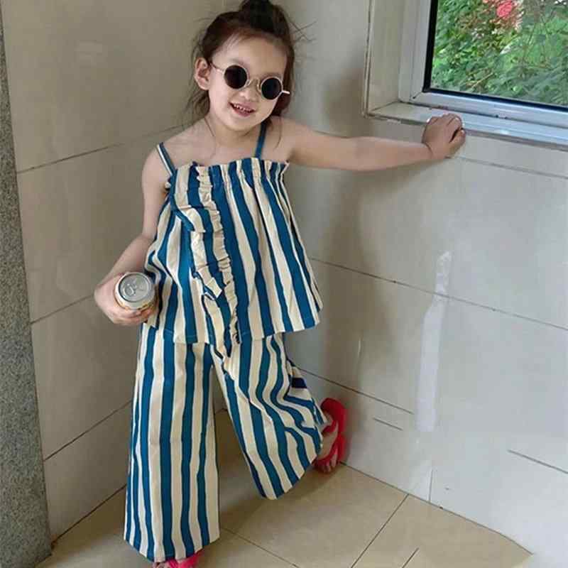子供服 女の子 セットアップ かわいい おしゃれ リトルムーン 夏 レトロ シンプル ファッション サスペンダー 綿 ストライプ ワイドレッグ パンツ