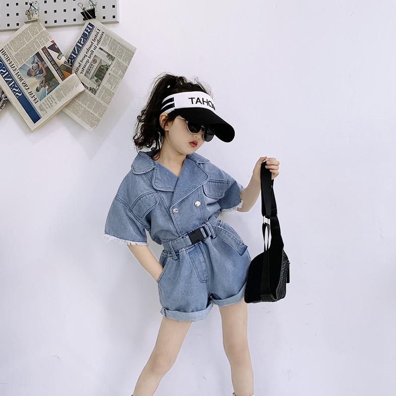 子供服 女の子 セットアップ かわいい おしゃれ ベルト デニム 半袖 トップス ショート パンツ 春夏