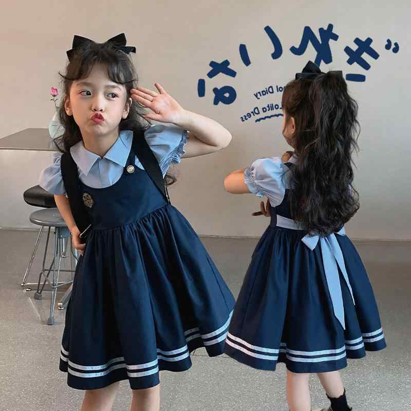 ワンピース 女の子 夏 キッズ 子供 かわいい JK カレッジ スカート 夏 フェイク セットアップ おしゃれ 赤ちゃん 英国風 シャツ