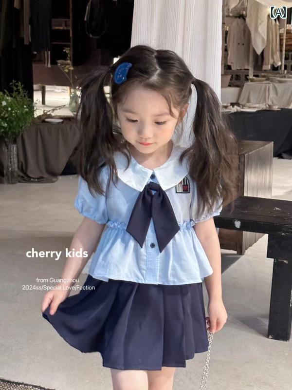 子供服 女の子 セットアップ おしゃれ カジュアル かわいい 夏 赤ちゃん プレッピー 半袖 シャツ プリーツスカート 2点 セット ネイビー