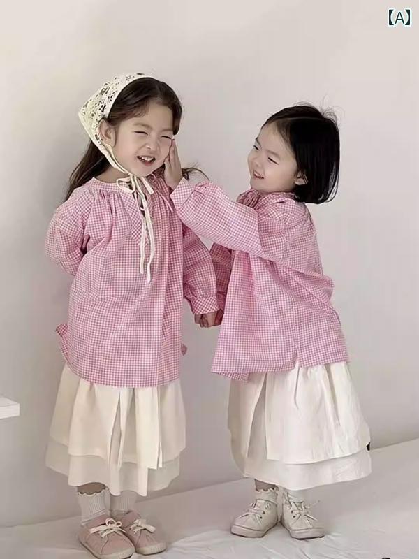 子供服 女の子 セットアップ おしゃれ カジュアル かわいい 秋 長袖 チェック シャツ スカート 春秋 スイート プリンセス 風 ベビー ドール 2点 セット