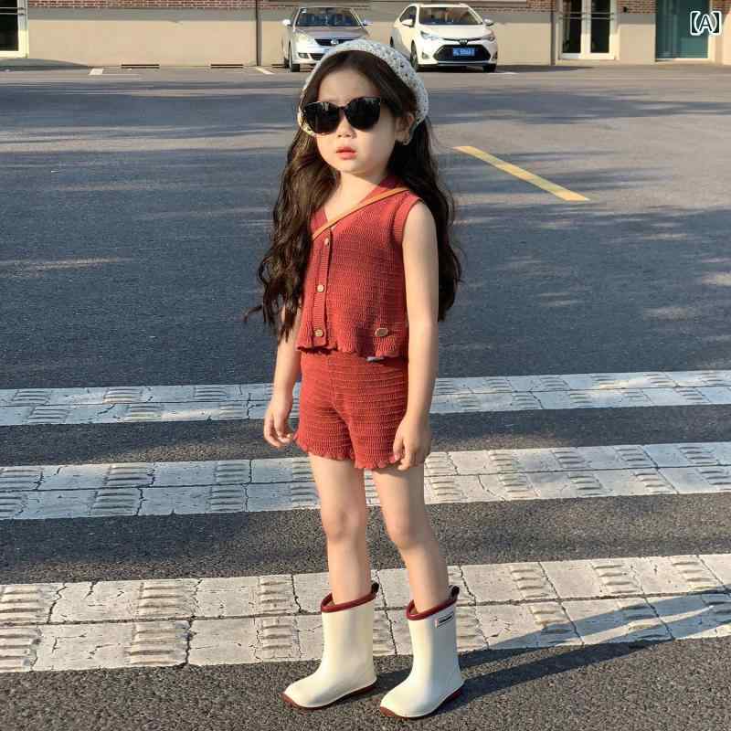 子供服 女の子 セットアップ かわいい おしゃれ 西洋 新 韓国 オレンジ ニット ベスト 夏