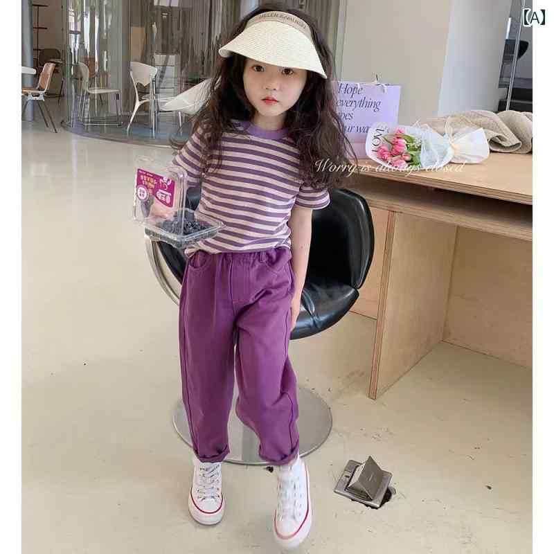 子供服 女の子 セットアップ かわいい おしゃれ 夏 カジュアル ストレート パンツ ストライプ Tシャツ 西洋 宝物