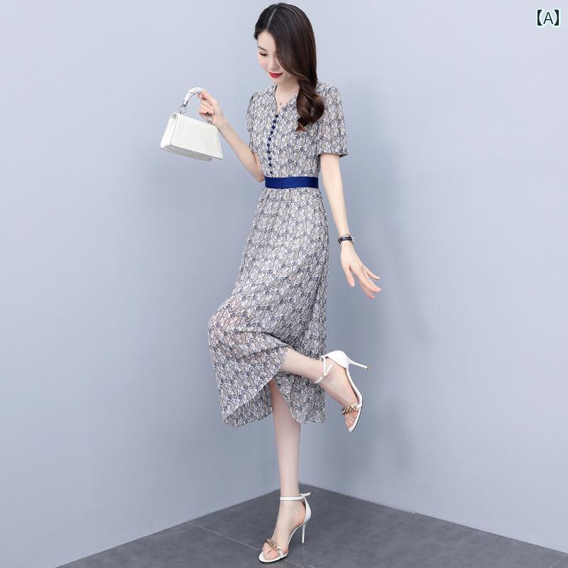ワンピース レディース 上品 体型カバー おしゃれ シフォン 花柄 年 夏 西洋 スリム ユニーク ロング スカート|おうち健康生活
