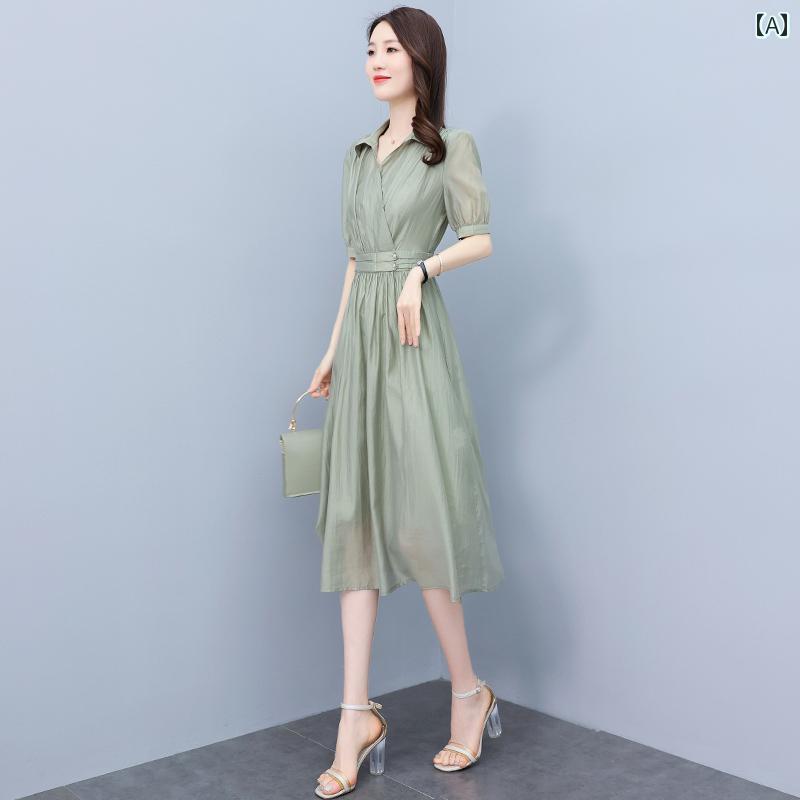 ワンピース レディース 上品 体型カバー おしゃれ テンセル 夏 フランス 西洋 スリム シック シャツ スカート｜おうち健康生活