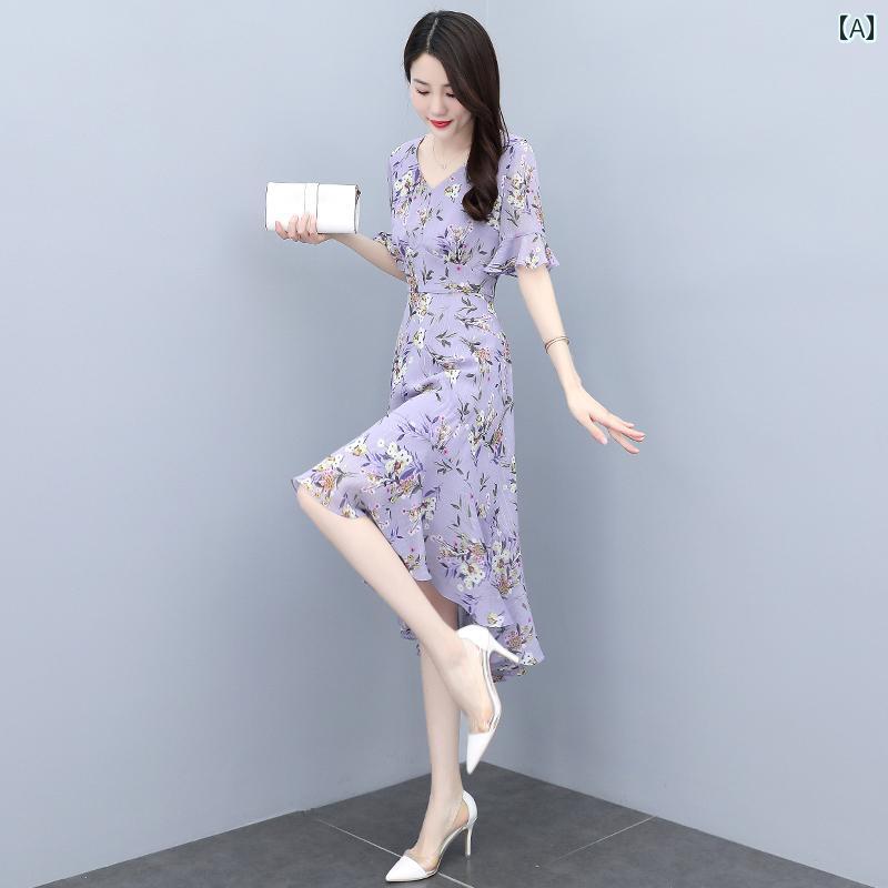 ワンピース レディース 上品 体型カバー おしゃれ シフォン 夏 スリム 夏 花柄 ロング スカート|おうち健康生活