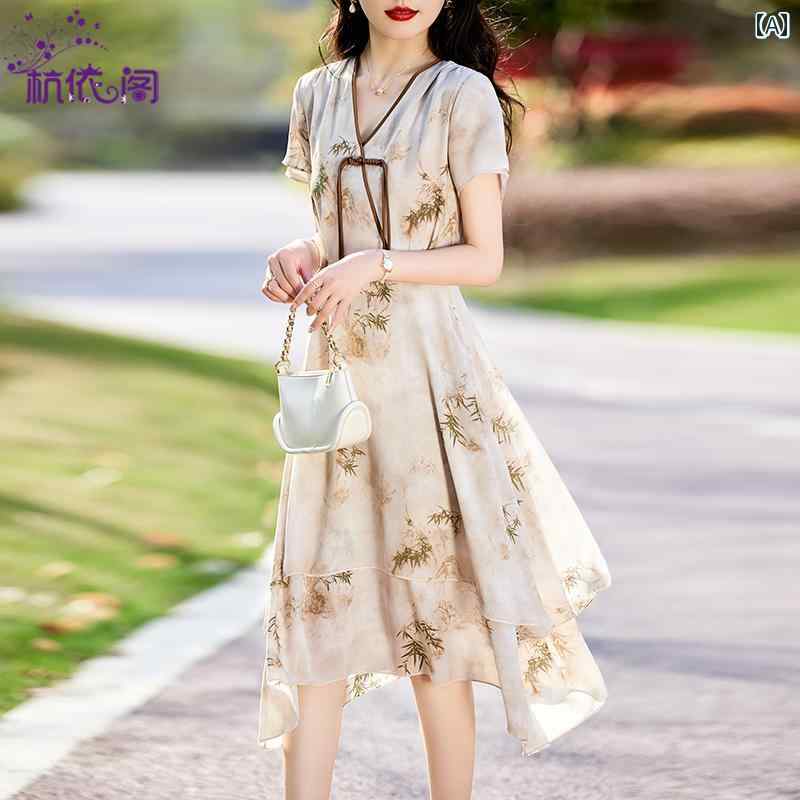 ワンピース レディース 上品 体型カバー おしゃれ 中国 軽量 涼しい 涼しい 涼しい 夏 シフォンプリントスカート｜おうち健康生活