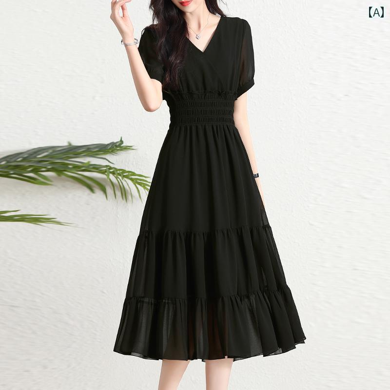 ワンピース レディース 上品 体型カバー おしゃれ 黒 夏 社交家 スリムフィット シック 無地 シフォンスカート｜おうち健康生活