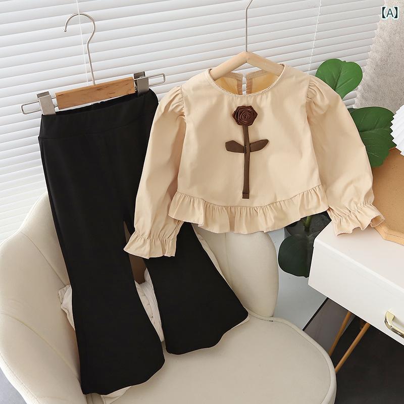 子供服 女の子 セットアップ かわいい おしゃれ 春 ファッション 花 トップス スリット フレアパンツ 2点 セット