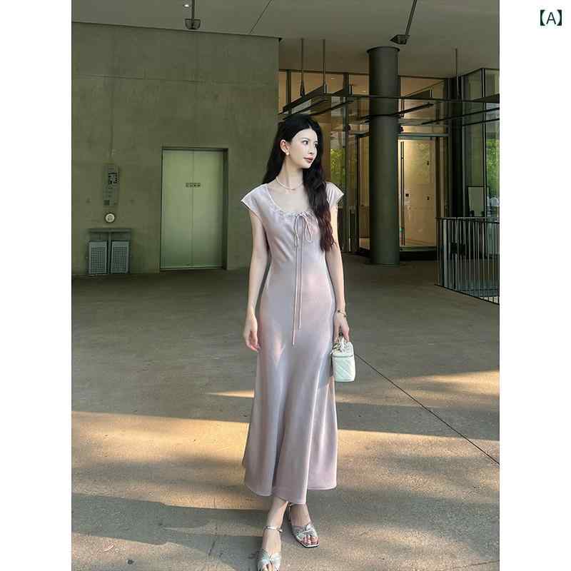 ワンピース レディース 上品 体型カバー おしゃれ パープル ラウンドネック スリム ロング スカート 夏｜おうち健康生活