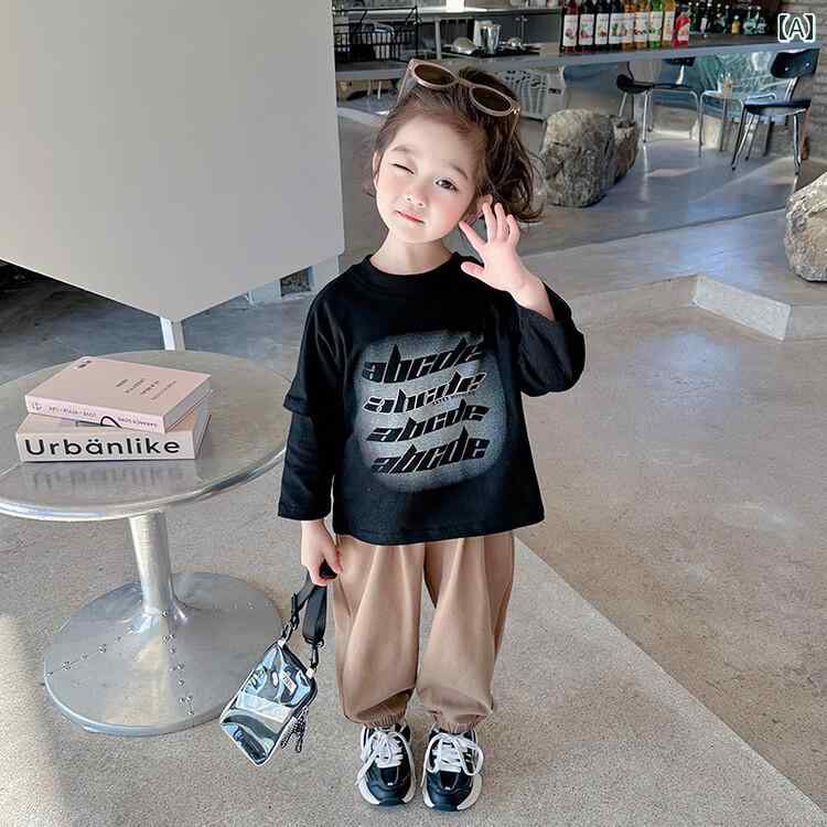 子供服 女の子 セットアップ おしゃれ カジュアル 秋 ラウンドネック フェイク 白 長袖 Tシャツ 長ズボン カジュアル パンツ 男の子 韓国｜おうち健康生活