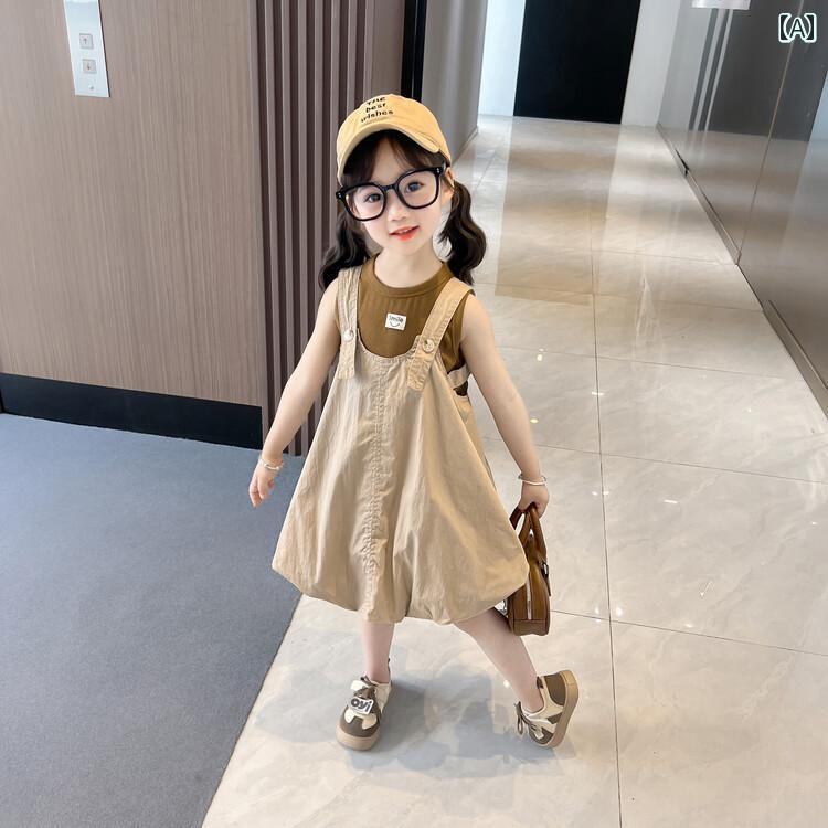 ワンピース 女の子 夏 キッズ 子供 かわいい ブラウン ラウンドネックノースリーブ ボトム Tシャツ サスペンダー スカート 韓国 子供