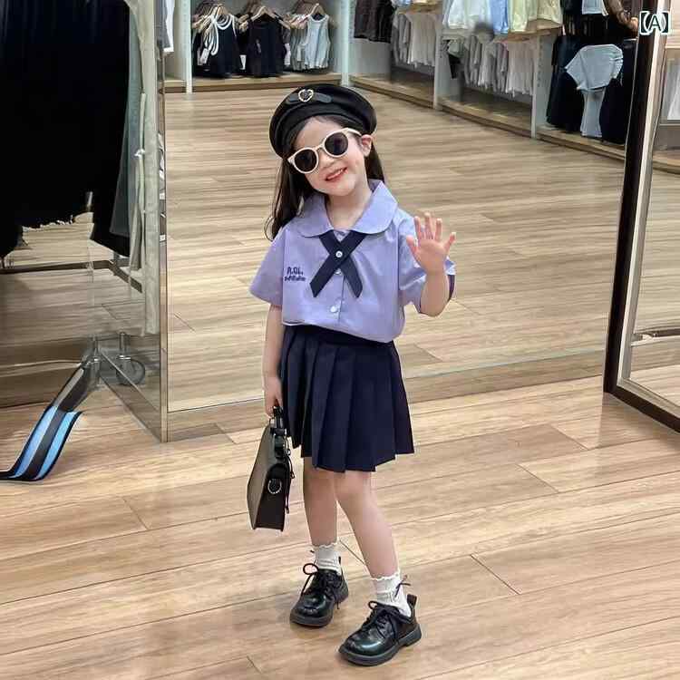 夏 パープル 半袖 ドール カラー シャツ プリーツスカートの 女の子 カレッジ JK 中 セットアップ スーツ｜おうち健康生活