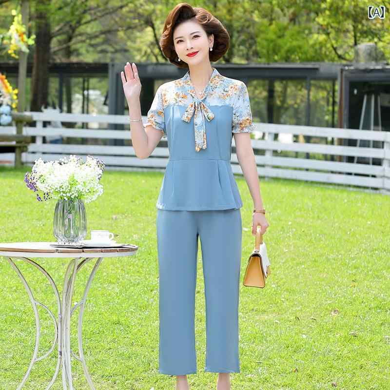 セットアップ レディース 上品 おしゃれ マダム 婦人服 ファッション シフォン 半袖 トップス 夏 服