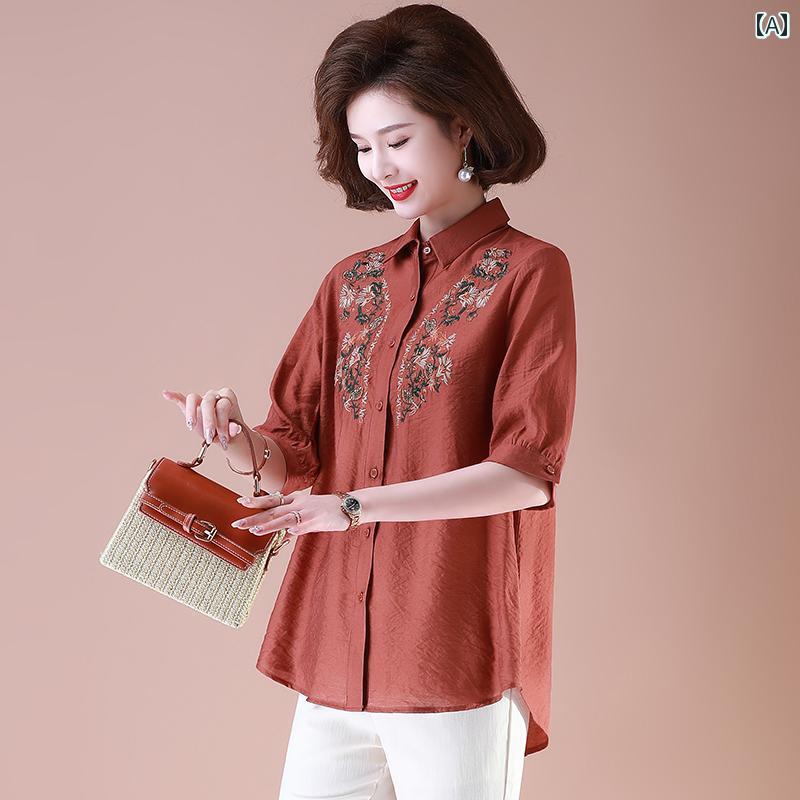 セットアップ レディース 上品 おしゃれ マダム 婦人服 ファッション トップス レディース 上品 おしゃれ カジュアル 夏 綿麻 スーツ 洋風 七分袖 シャツ 夏 刺繍｜おうち健康生活