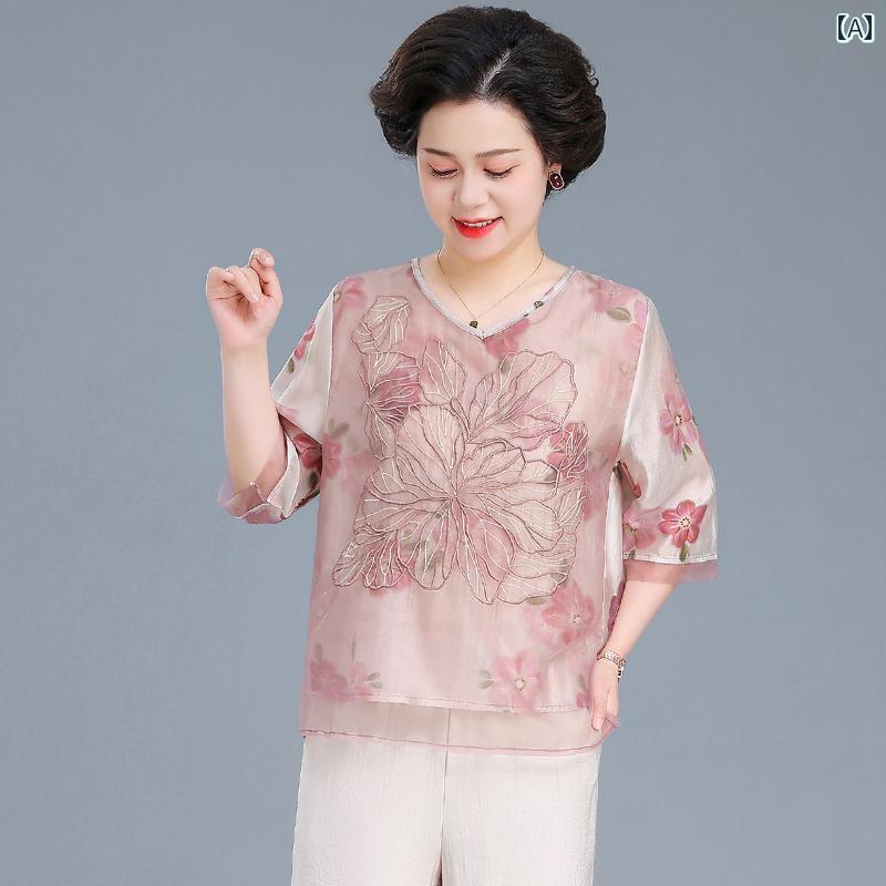 セットアップ レディース 上品 おしゃれ マダム 婦人服 ファッション 夏 風 トップス おしゃれ 花柄 シャツ ゆったり 体型カバー 着痩せ 夏|おうち健康生活