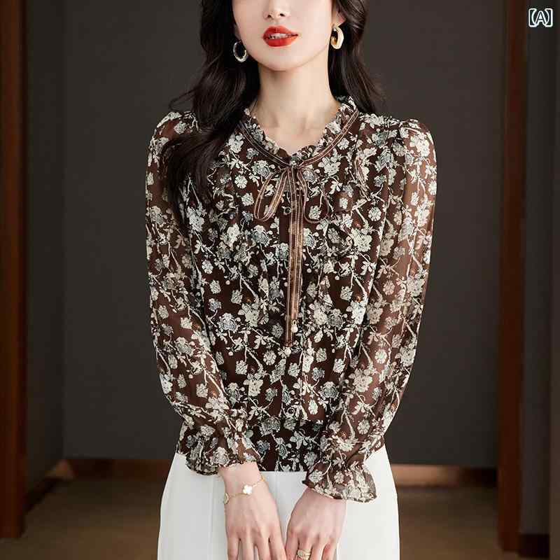 レディース トップス 上品 おしゃれ ファッション 春 シフォンシャツ 花柄 長袖 春夏 薄手 涼しい 涼しい 涼しい Tシャツ|おうち健康生活